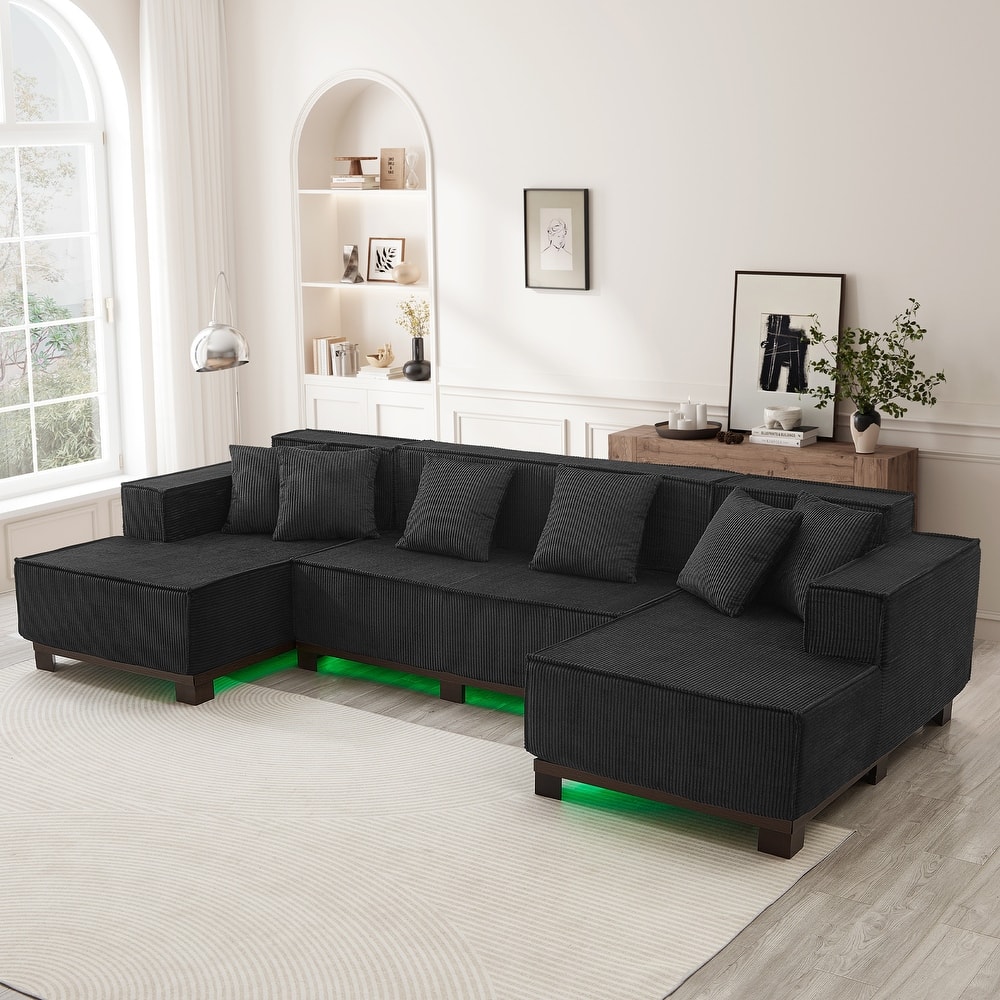 Roomfitters 130 Inch Modern U-Shaped Sectional Sofa with RGB LED Lights and 6 Pillows, Corduroy