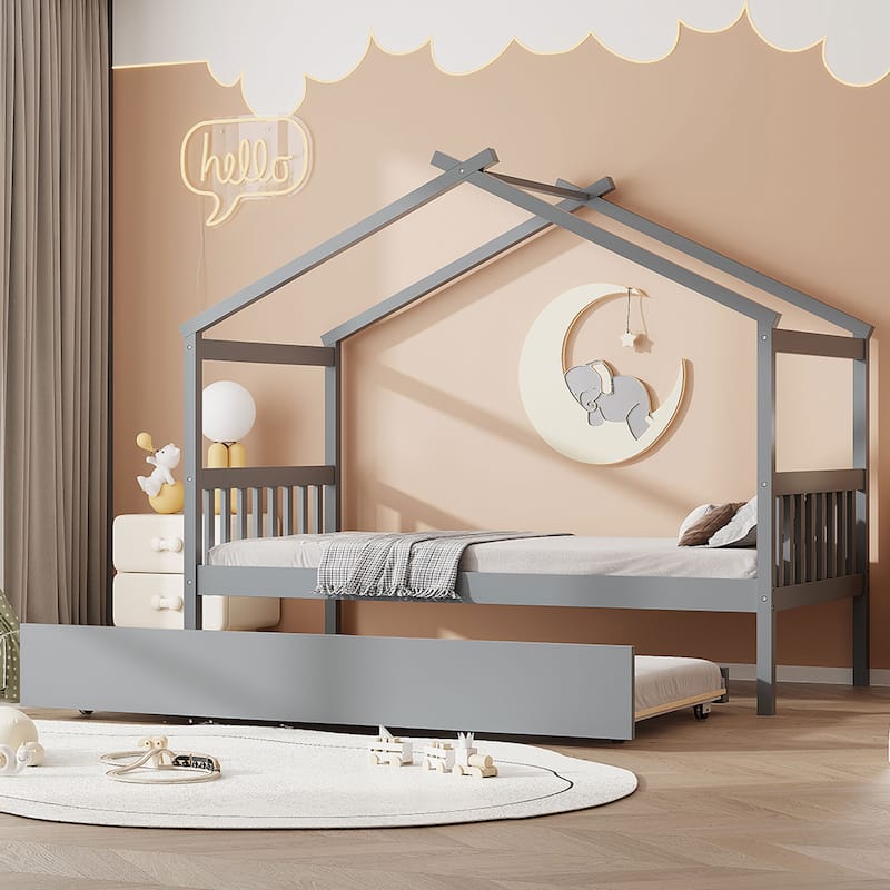 Kids Roof Platform Bed with Trundle, Twin Size House Bed Wooden Daybed Frame with Headboard and Bedtailboard for Boys, Girls