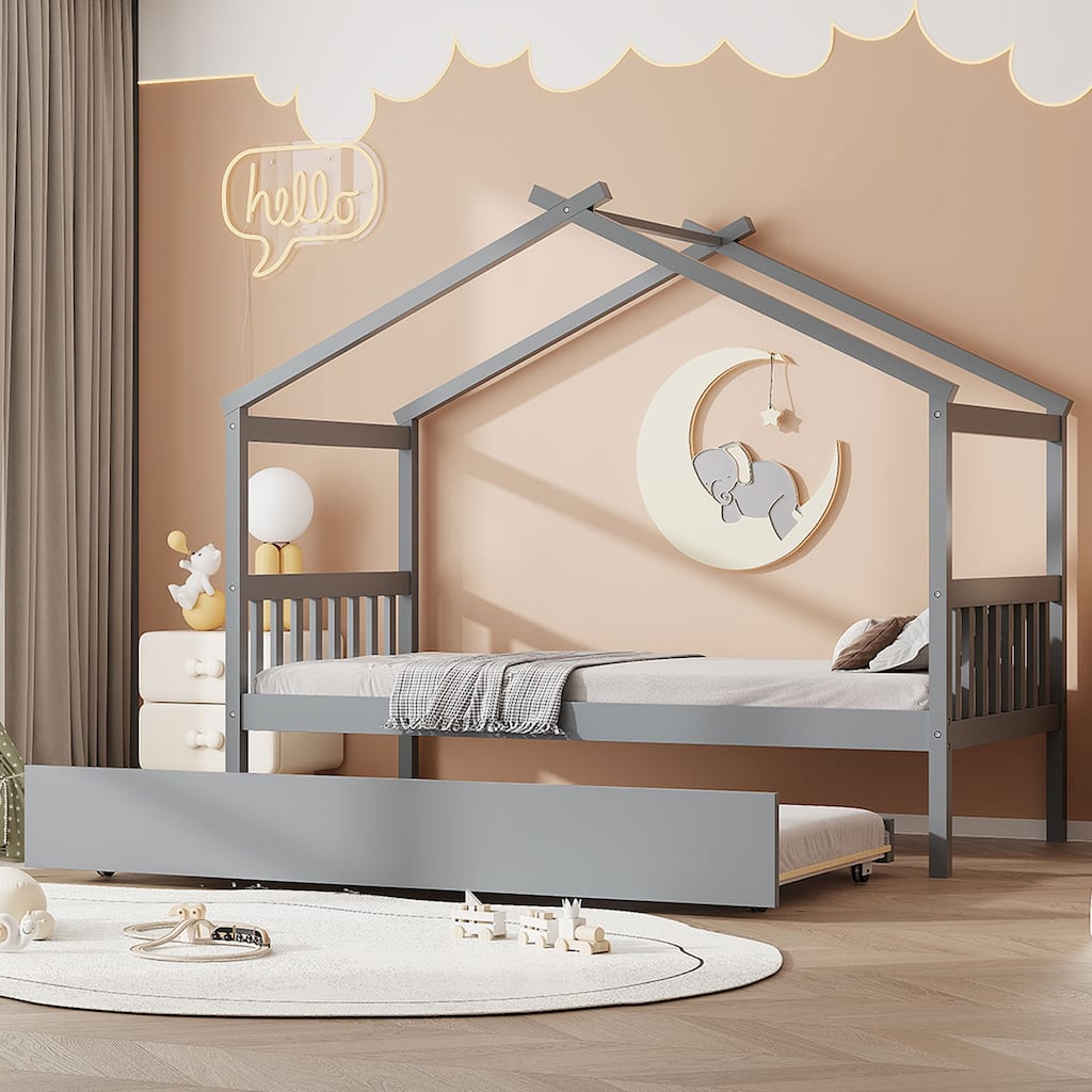 Roomfitters Twin Size Wooden House Bed with Trundle, Modern Playhouse Design with Guardrails