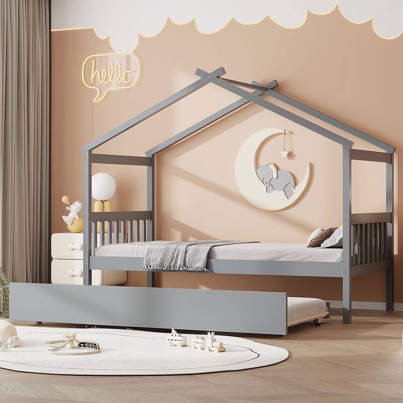 Twin House Bed with Pull-Out Trundle by Harper&Bright Designs - Grey