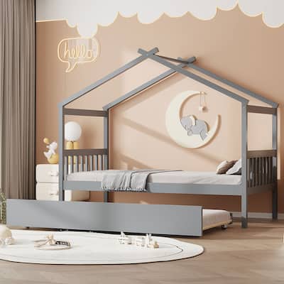 Twin Size Wooden House-Shaped Bed With Twin Size Trundle