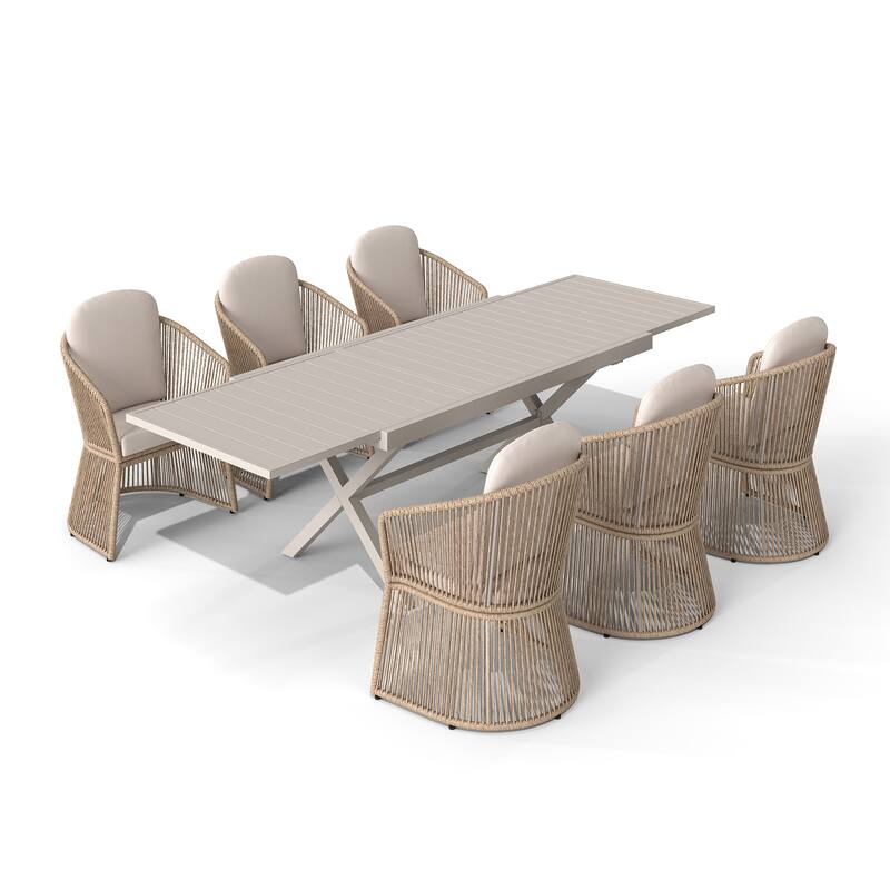 Expandable Aluminum Outdoor Dining Set with 6 PE Wicker Chairs