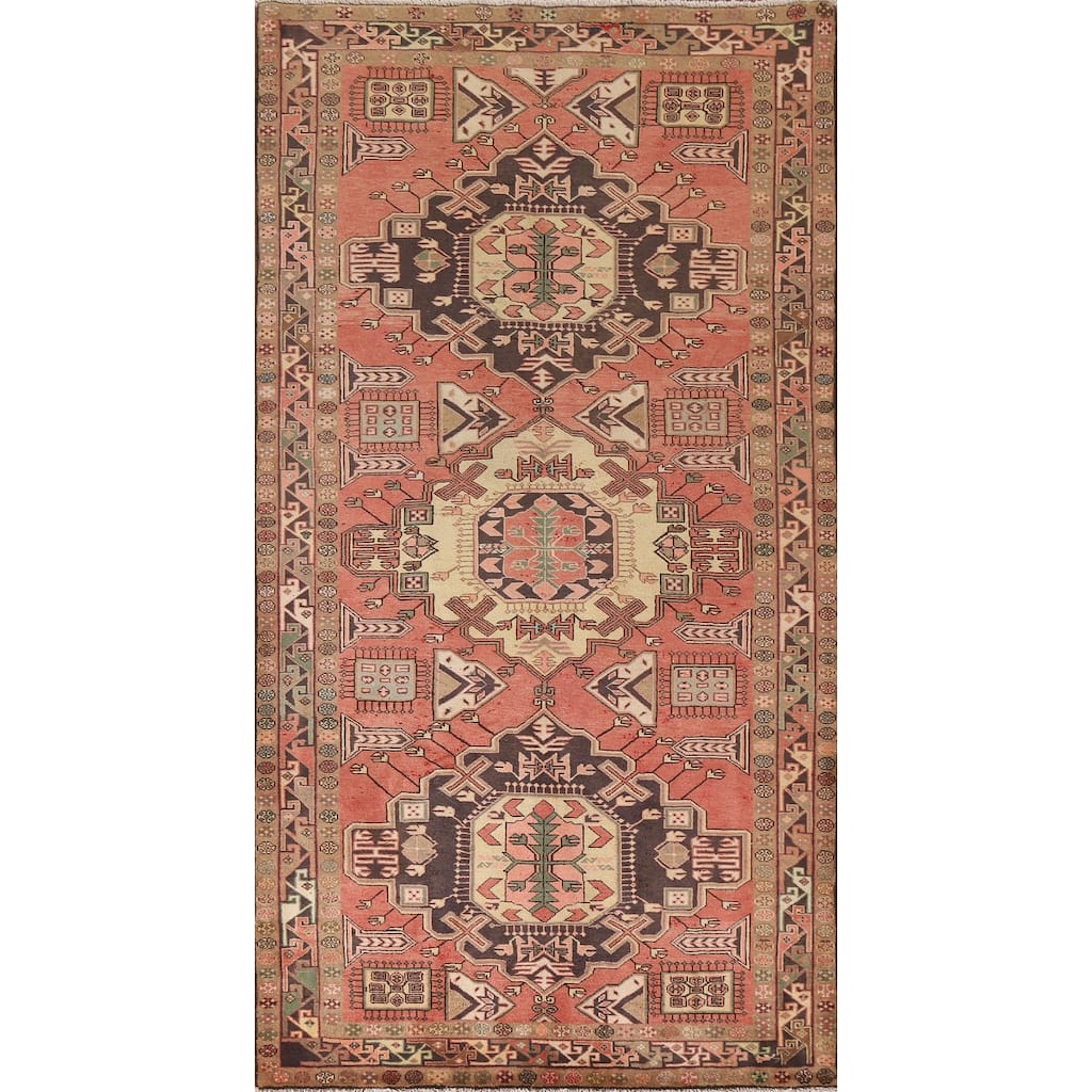 Pink Geometric Meshkin Persian Vintage Area Rug Handmade Wool Carpet - 4'11"x 9'10"