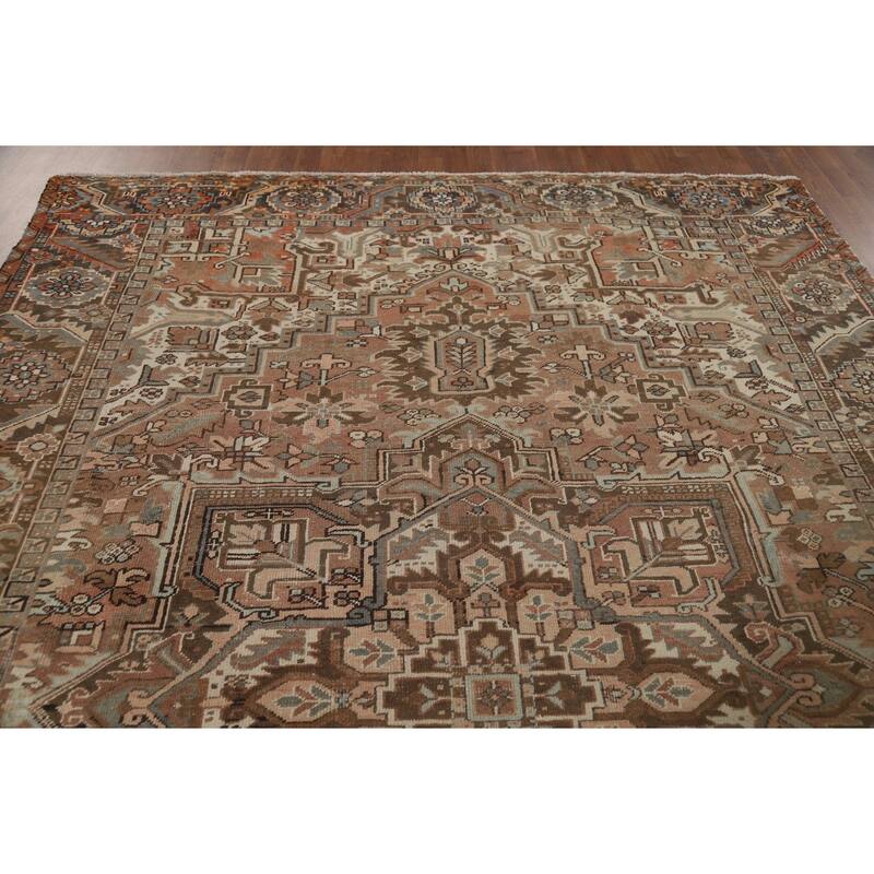 Geometric Heriz Vintage Persian Area Rug Hand-Knotted Wool Carpet - 8'0" x 10'9"