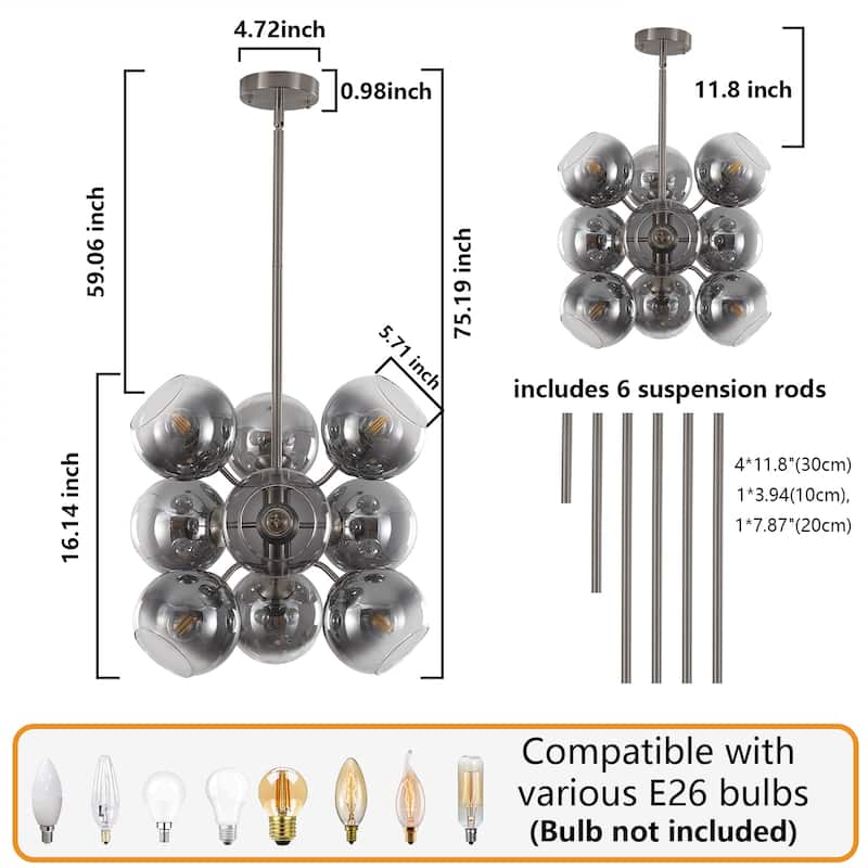9 - Light Sputnik Chandelier, Smoked Glass Shades, Brushed Nickel Frame - Sand Nickel
