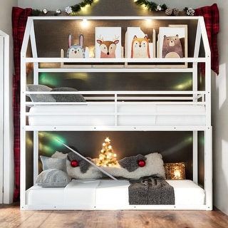 Twin over Twin House Bunk Bed with Built-in Ladder, White聽