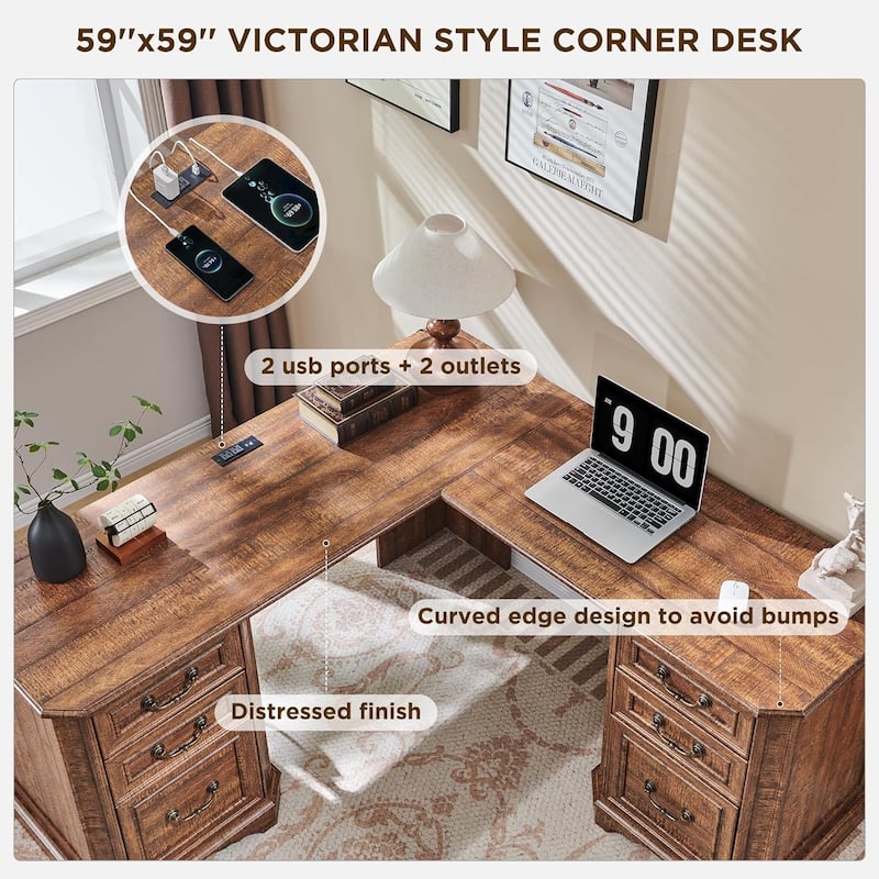 Farmhouse Executive L Shaped Desk, Wood Computer Corner Desk for Work