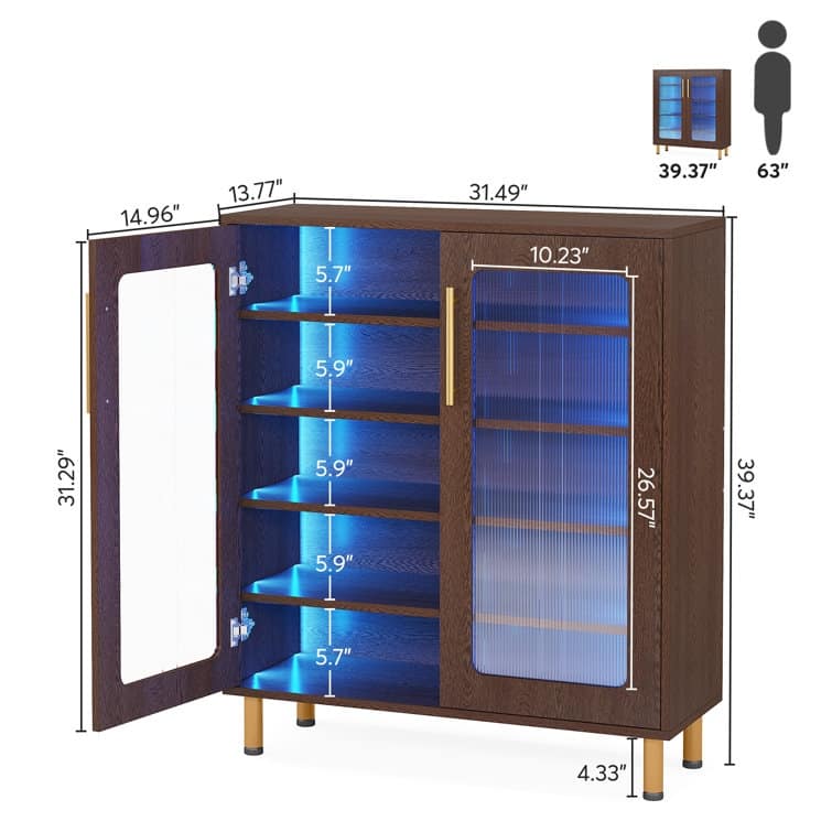 5-Tier Wood Shoe Rack with Acrylic Doors and LED Light for Entryway