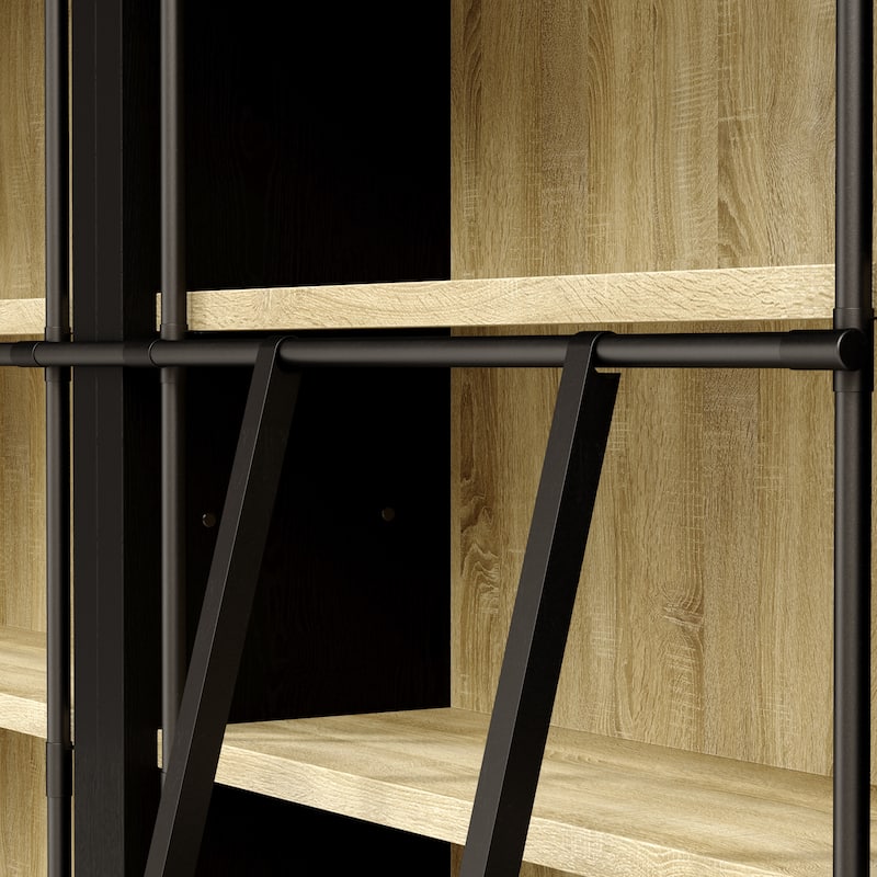 Large Ladder Bookshelf with Adjustable Rolling Ladder, Tall Library Bookcase Storage Display Unit