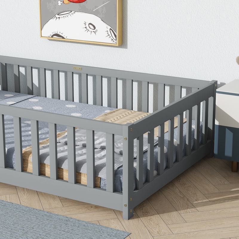 Rubber Wood Twin Size Floor Bed with Fence without Door