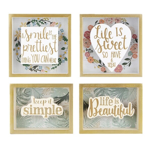 Set of 4 Gray and Brown Life Inspirational Quotes Printed Wall Blocks 6" - N/A