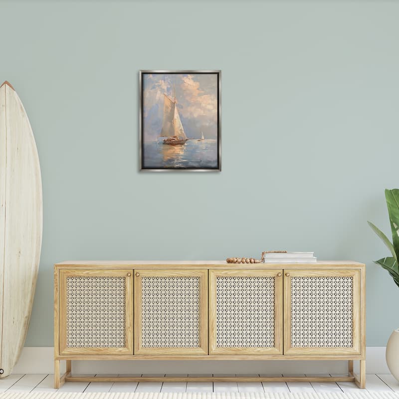 Stupell Maritime Ship on Cloudy Sea Framed Floater Canvas Wall Art Design By Arlington Prints