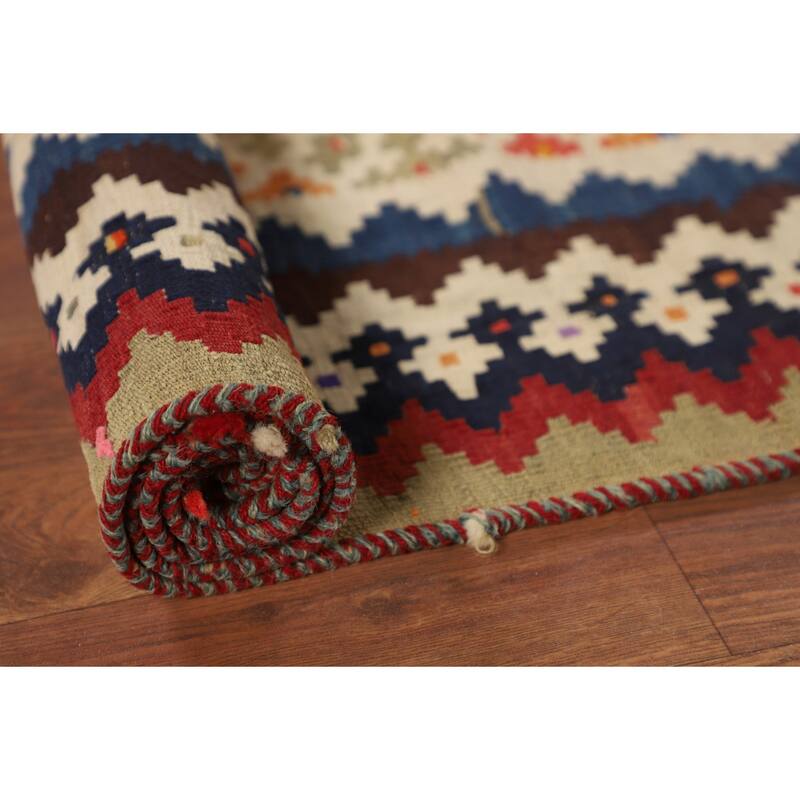 Red Kilim Qashqai Persian Vintage Rug Flatweave Geometric Wool Carpet - 5'4"x 7'7"