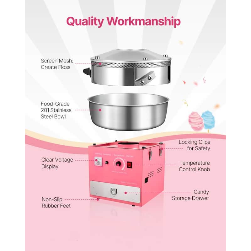 Pink Stainless Steel 1000W Cotton Candy Machine with Drawer and Temp Control - 20.47x20.47x17.59 inch