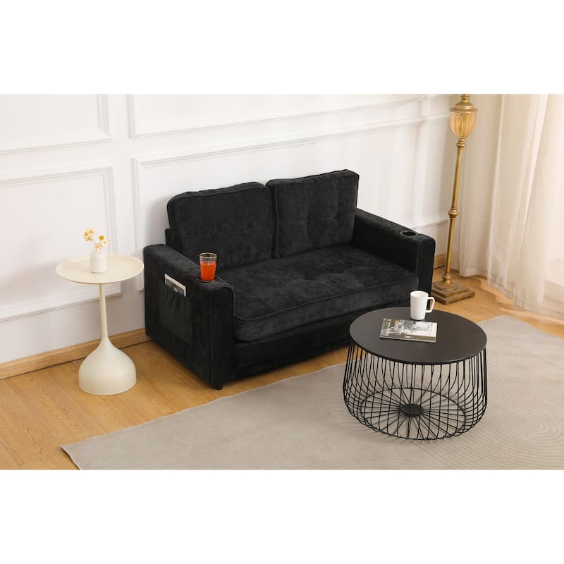 Sofa Bed with Pull-Out Straps, Velvet Sleeper Sofa with Side Storage Bags, Convertible Lounge Chaise Loveseat Daybed