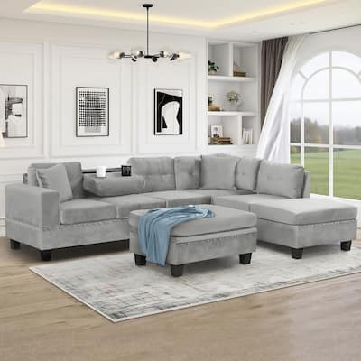 105" L-Shape Sectional Sofa with Storage Ottoman, Reversible Chaise, Pillows, Cup Holders, Gray Velvet