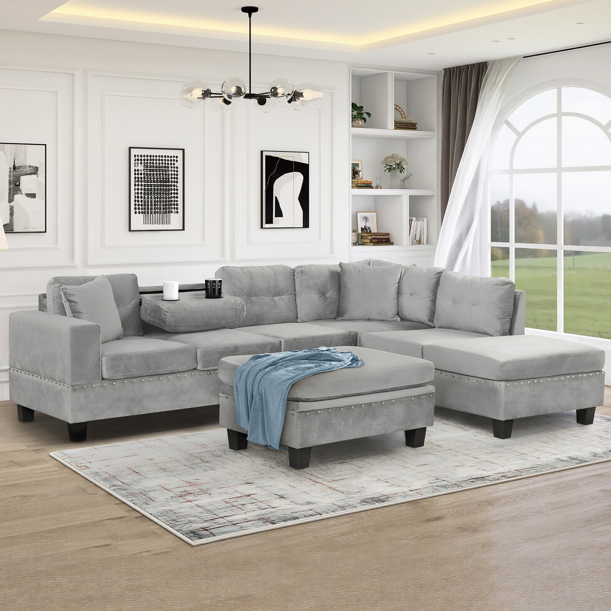 105.1" Velvet L-Shaped Sectional Sofa with Ottoman & Cup Holders