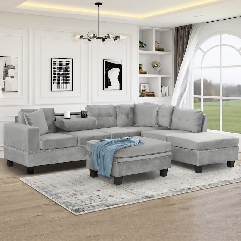 Roomfitters Sectional Sofa with Storage Ottoman, Reversible Chaise, Cup Holders and 2 Pillows for Living Room - Grey