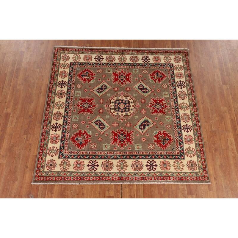 Geometric Kazak Oriental Square Area Rug Hand-Knotted Wool Carpet - 6'8" x 6'6"