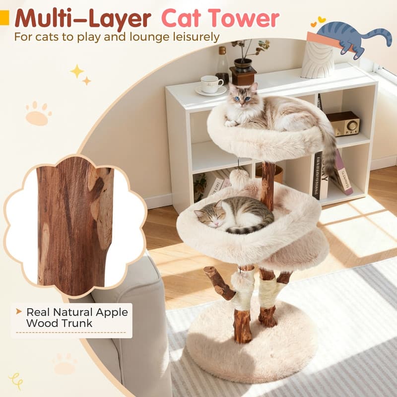 46"H Wood Cat Tree Tower with Scratching Posts, Modern Cat Furniture for Indoor Cats