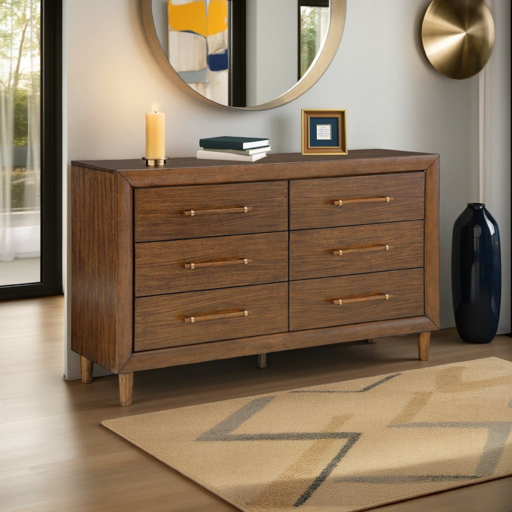 Jeyn Wide Dresser, 6 Drawers, Traditional Dark Brown Solid Hardwood