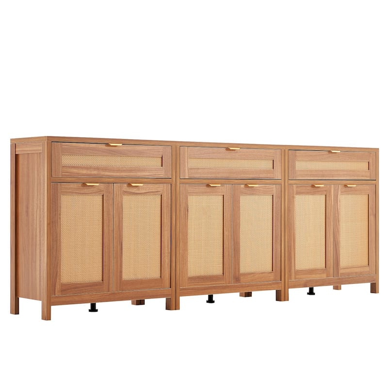 Buffet Cabinet, Rattan Cabinet with Storage 90inch, Storage Cabinet with 6 Magnetic Doors and Adjustable Shelves Set of 3, Side