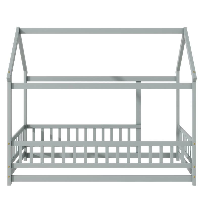 Twin Size House Floor Wooden Bed with Roof Frame, Safety Guardrails