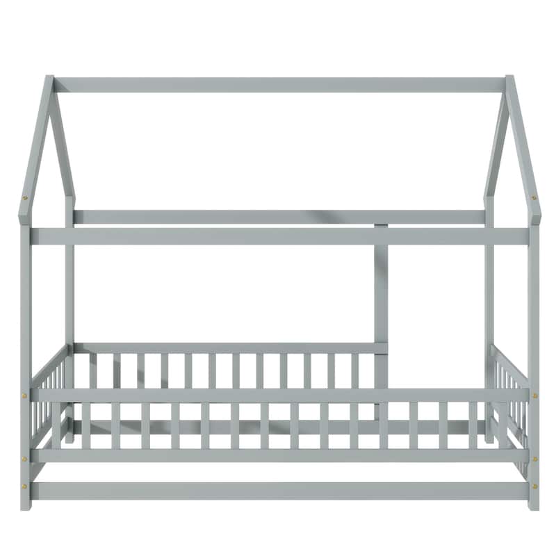 Twin Size House Floor Wooden Bed with Roof Frame