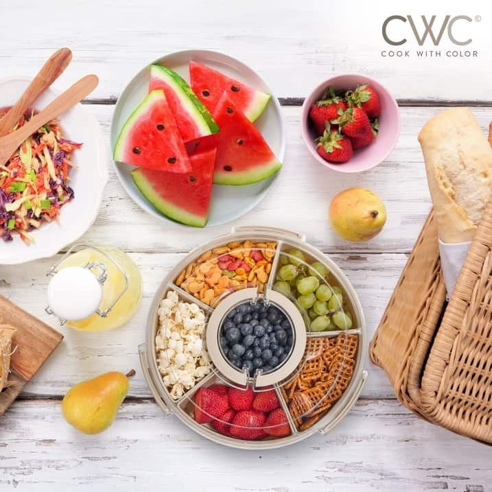 COOK WITH COLOR Round Snackle Box – 6-Compartment Serving Tray with Lid and Handle,Kids Lunch Box & Meal Prep Snack Container