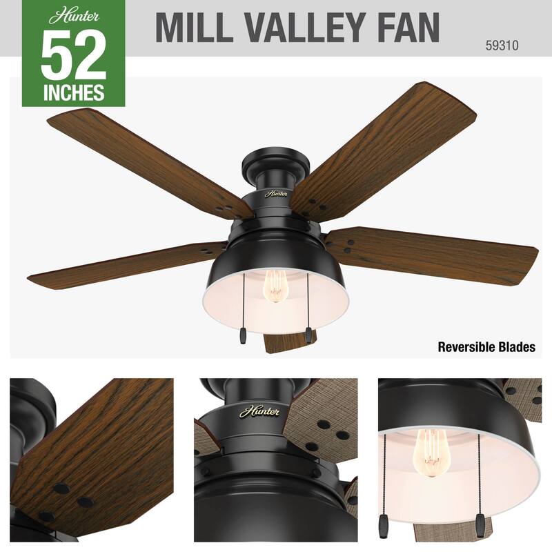 Hunter 52" Mill Valley Outdoor Low Profile Ceiling Fan with LED Light Kit and Pull Chain, Damp Rated