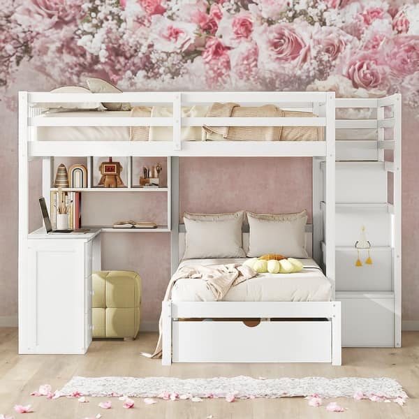 slide 2 of 35, Modern Full Over Twin Bunk Bed With Desk,Drawers and Shelves White