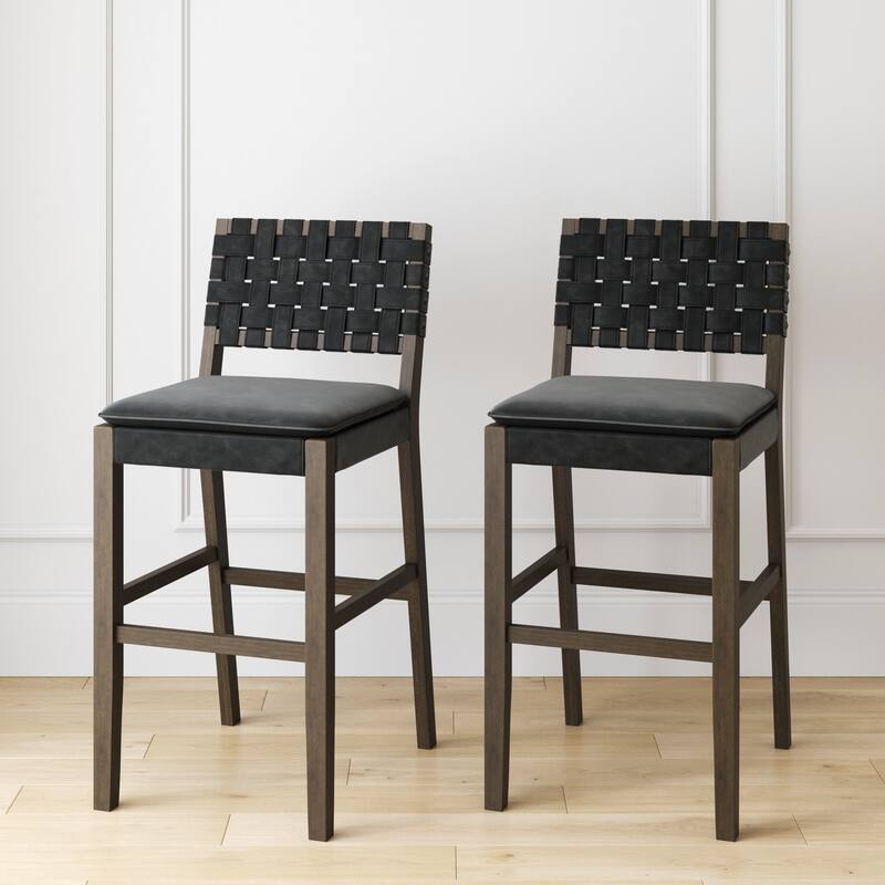 Nathan James Cohen Faux Leather Counter or Bar Height Stool, Solid Wood Frame with Footrest and Woven Leather Back - Set of 2 - Black - Bar Height - 29-32 in.