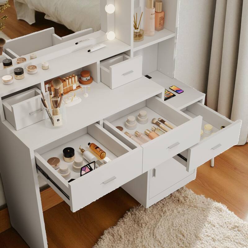 Makeup Vanity Table with LED Mirror, USB Ports, Hair Dryer Holder, Storage Shelves, 4 Drawers & Cabinet for Bedroom