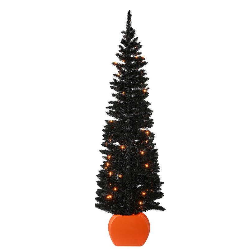 National Tree Company Halloween Pre-Lit Artificial Halloween Tree, Evergreen, LED Lights, Includes Pumpkin Base, 6 Feet
