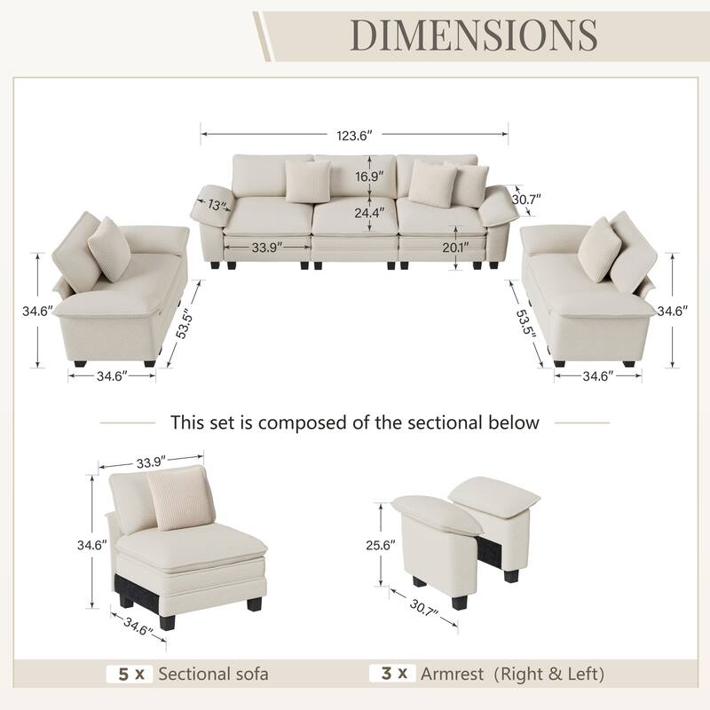 MAISON ARTS Chenille & Corduroy Modular Sectional Sofa Set, Comfy 5/6/7-Seat Living Room Couch with 3-Seater or Loveseat
