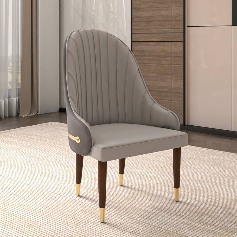 Elara Leather Mid-Century Modern Leather Upholstered Dining Chair with Ruberwood Legs and Gold Accents for Home or Office