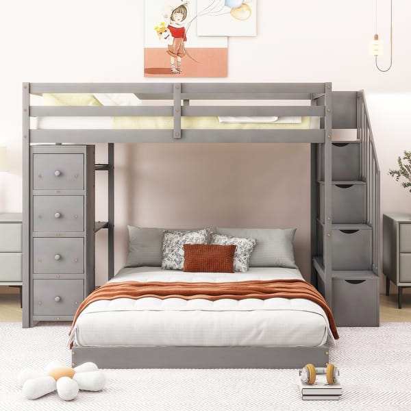 slide 2 of 16, Elegant & Simple Twin over Full Bunk Bed with 3-layer Shelves, Drawers and Storage Stairs, Study, Health and Comfort, Grey Grey
