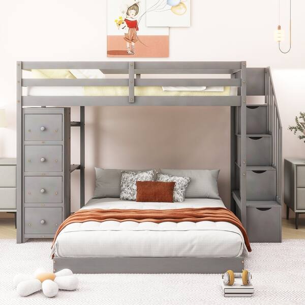 slide 2 of 32, Twin Over Full Bunk Bed with Shelves, Drawers, Storage Stairs, Grey Grey