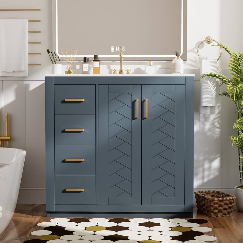 36'' Bathroom Vanity with Ceramic Sink Combo, Solid Wood Frame Bathroom Storage Cabinet with 3 Drawers& Soft Closing Doors