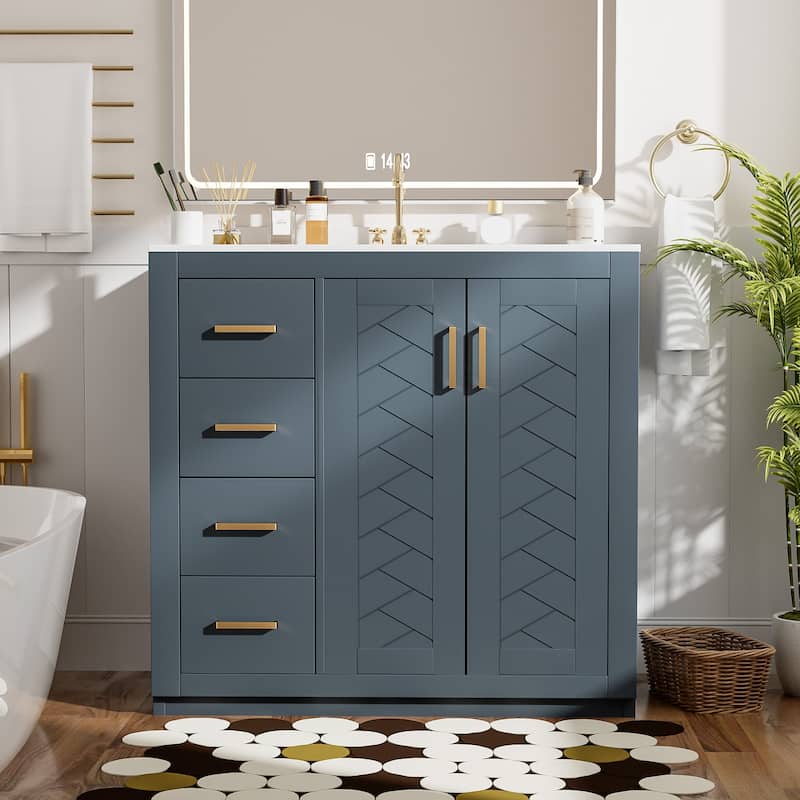 36'' Freestanding Bathroom Vanity Set–Features a Ceramic Sink, Solid Wood Frame,3 Soft-Closing Drawers, and Ample Storage Space. - Blue