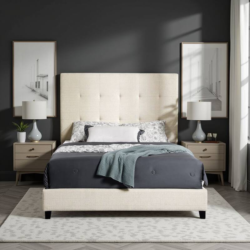 Bridgevine Home Tall Beige Tufted Upholstered Platform Bed - Queen