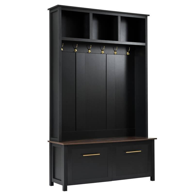 Entryway 4-in-1 Hall Tree with Bench and Shoe Storage, Wood Coat Rack Cabinet with Hooks & Anti-Tipping