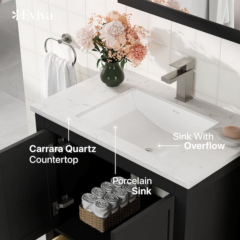 Eviva London 30"W Bath Vanity with Carrara Quartz Top & Porcelain Sink