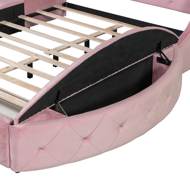Queen Size Velvet Upholstered Platform Bed with Wingback Headboard, Tufted Design & Hidden Storage Solutions