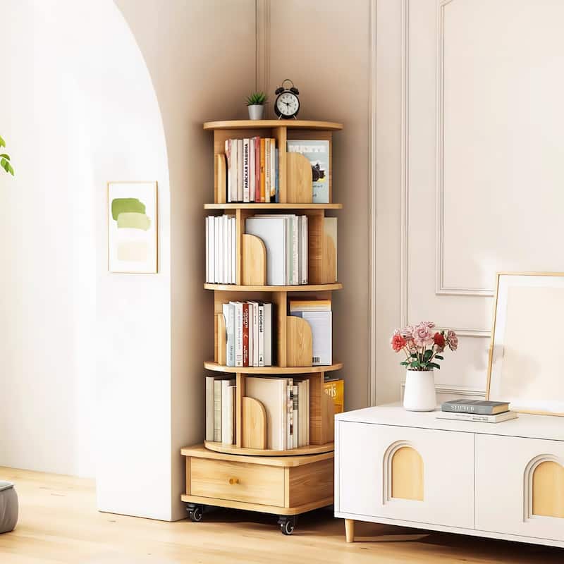 GDF Studio - Purling Modern 5-Tier Wood 360-Degree Rotating Bookshelf with Drawer Storage