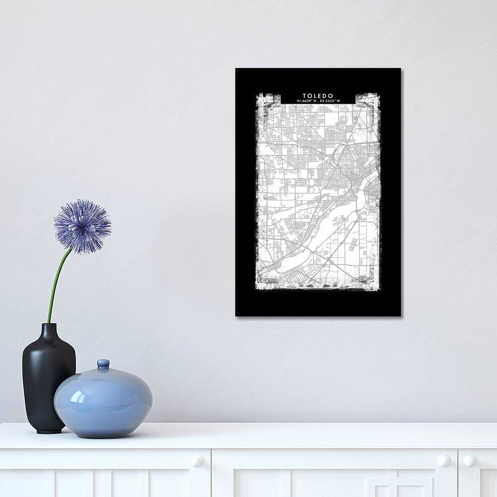 iCanvas "Toledo City Map Black White Grey Style" by WallDecorAddict Canvas Print