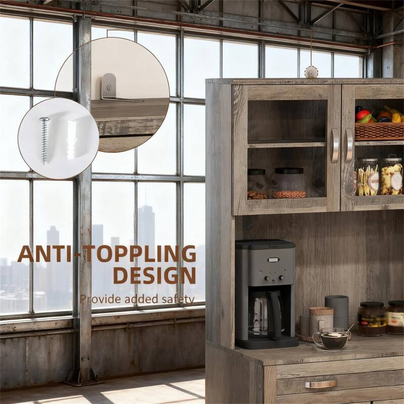 Modern Freestanding Kitchen Pantry with Hutch and Glass Doors