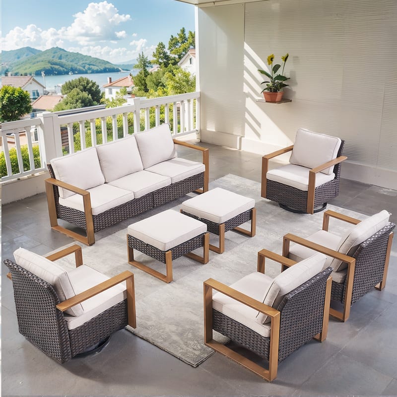 High Back Outdoor Furniture with Thick Cushion - Brwon Wicker Beige Cushion - 7PCS Sofa Chair with Ottoman