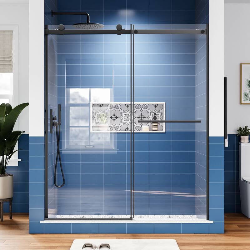 60 in. W x 72 in. H Sliding Semi-Frameless Shower Door with Tempered Glass - 60" x 72" - Matte Black