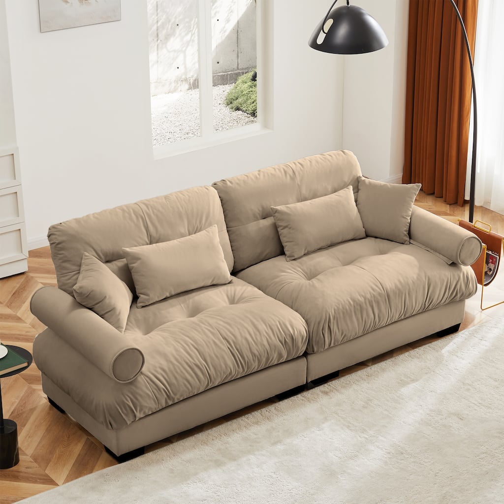 Large Size Modern Two-seater Sofa with Bolstered Armrests,Velvet 2-Seater Sofa With Waist Pillows and Throw Pillows